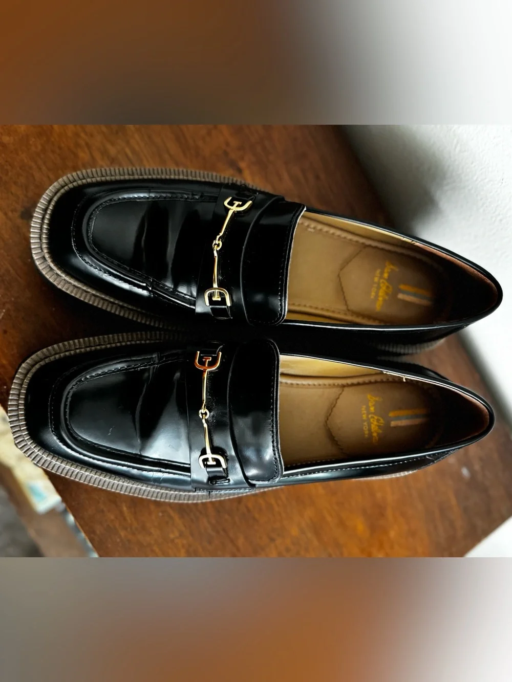 Sam Edelman Black Leather Loafers with Gold Bit
